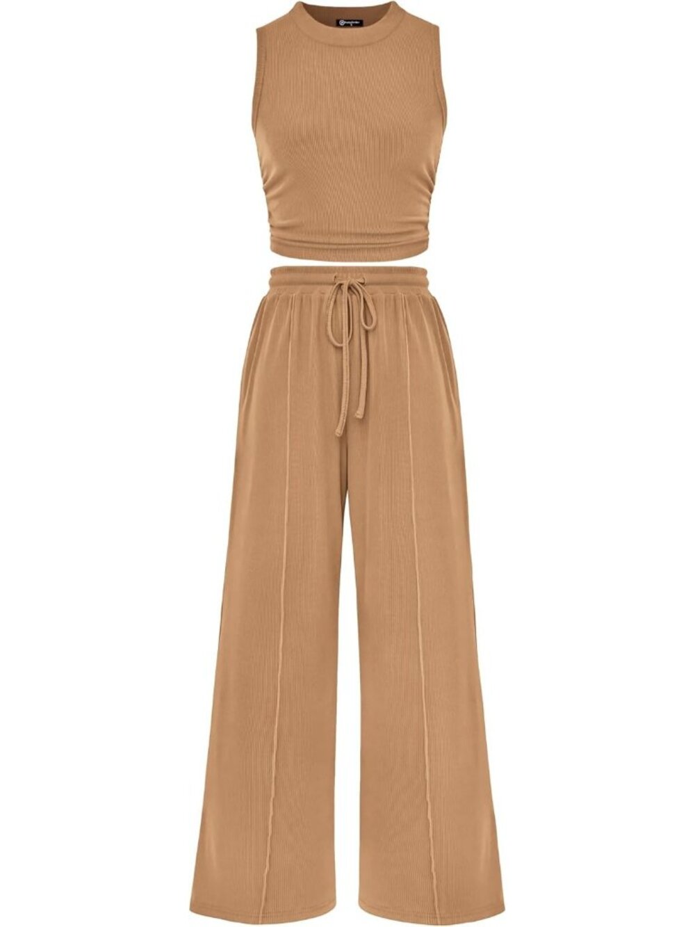 Women's Camel 2 Piece Outfits Ribbed Knit Lounge Sets Tracksuit Sleeveless